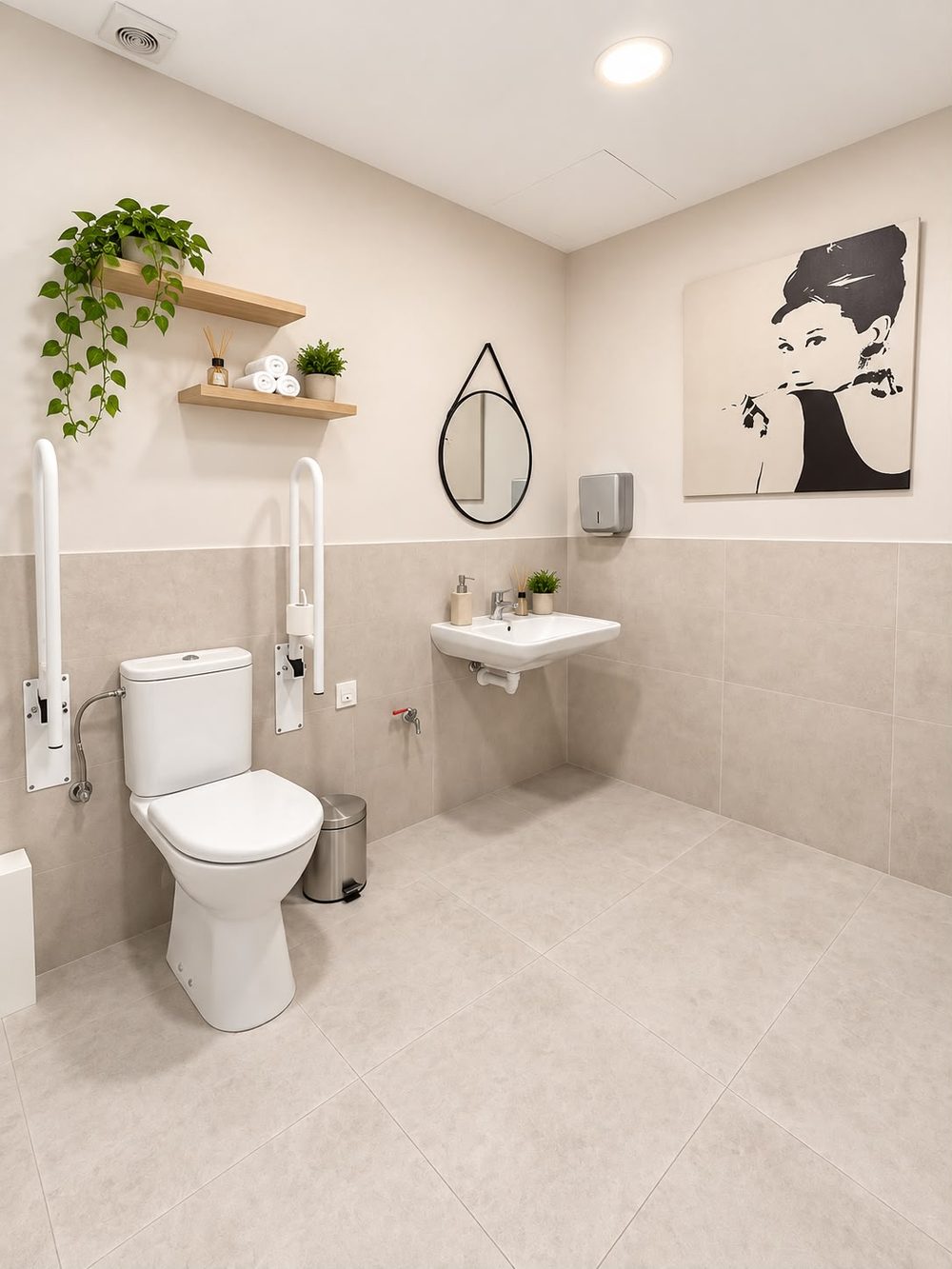 Aseo adaptado con barras de apoyo, lavabo y un cuadro en la pared