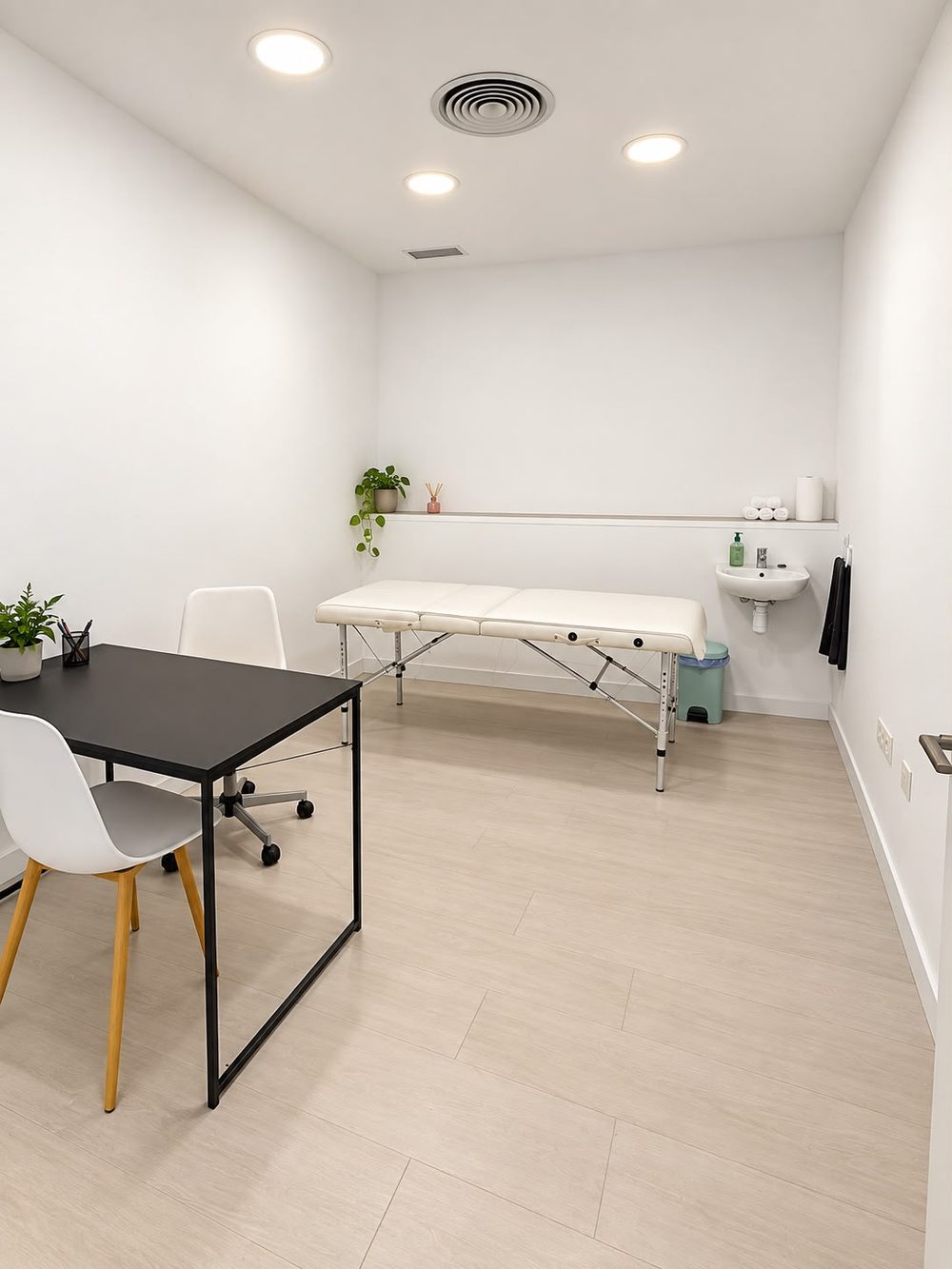 Segunda sala con camilla, lavabo, mesa negra y sillas