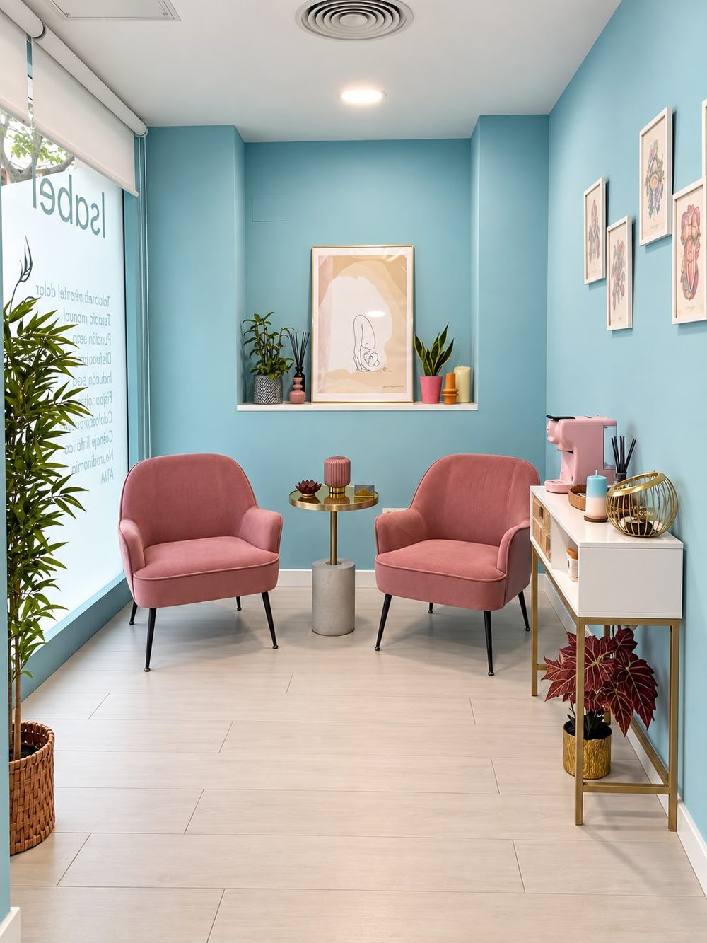 Sala de espera con paredes azules, dos butacas rosas, mesa auxiliar dorada y cafetera